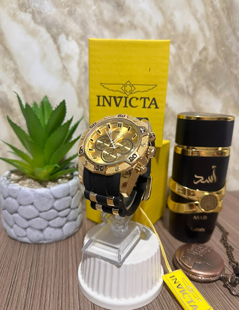 Invicta Dorado Esfera Dorada Manilla Silicona Negra V6