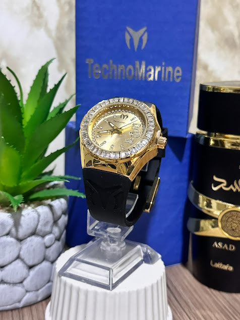 Technomarine Dama Dorado Diamantado Manilla Silicona Negra