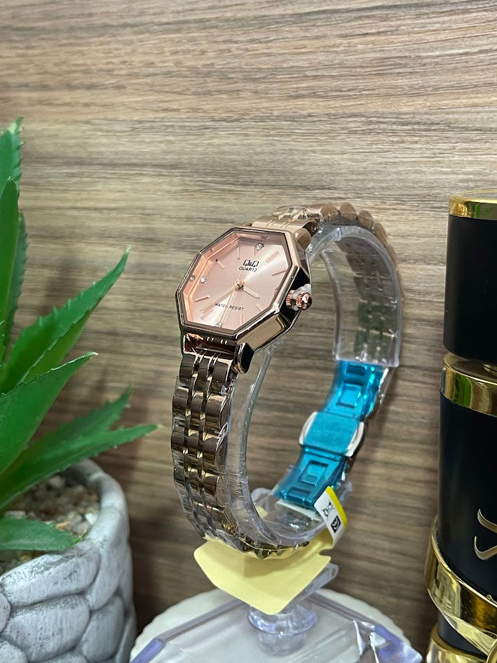 RELOJ QYQ DAMA ORO ROSA OCTAGONAL