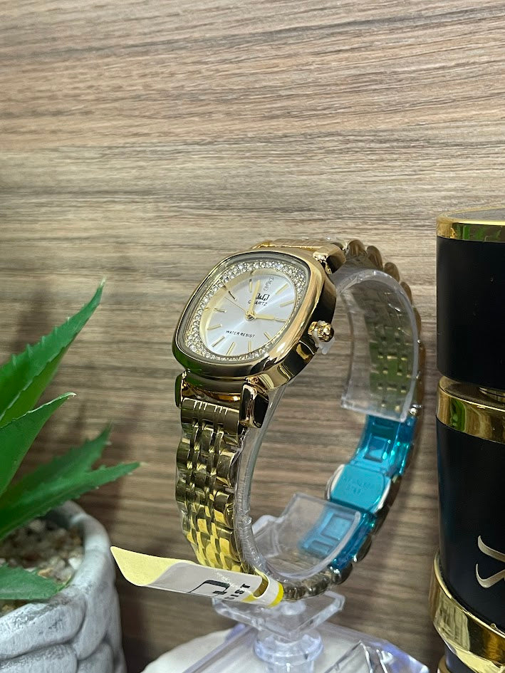 RELOJ QYQ DAMA DORADO ESFERA PLATEADA DIAMANTADA