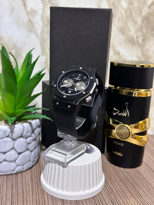 Hublot Negro Detalles Plateados, Manilla Silicona Negra