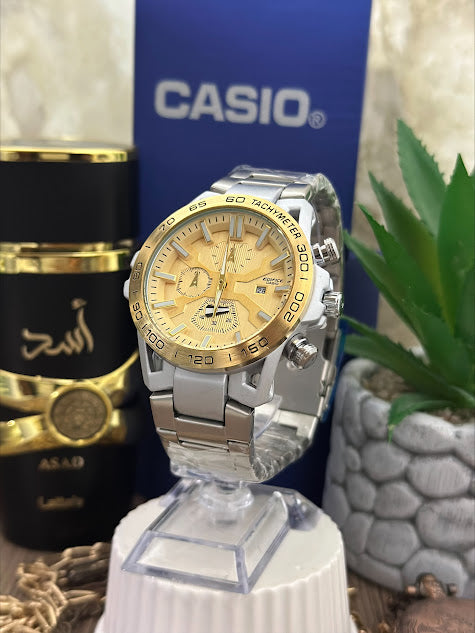 CASIO EDIFICE PLATEADO CAJA DE LUJO ARO Y ESFERA DORADA