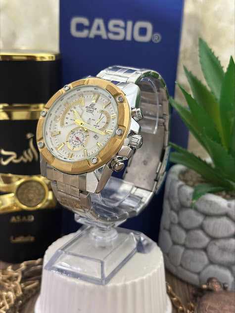 CASIO EDIFICE PLATEADO ARO DORADO DETALLES DE ESFERA DORADOS