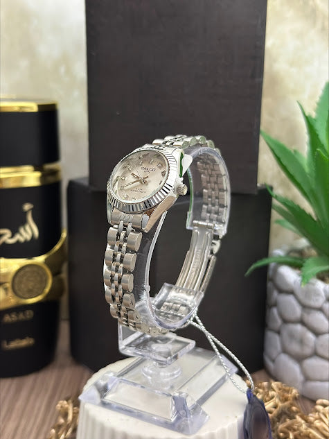 salco dama plateado aro estria esfera con diamantes