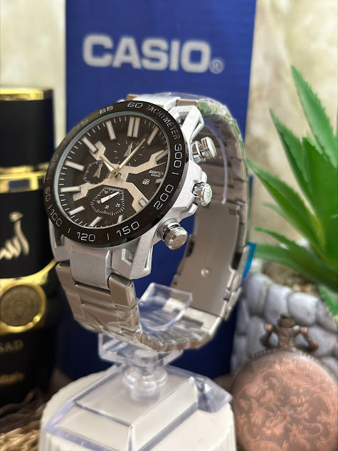 CASIO EDIFICE PLATEADO CAJA DE LUJO ARO Y ESFERA NEGRA