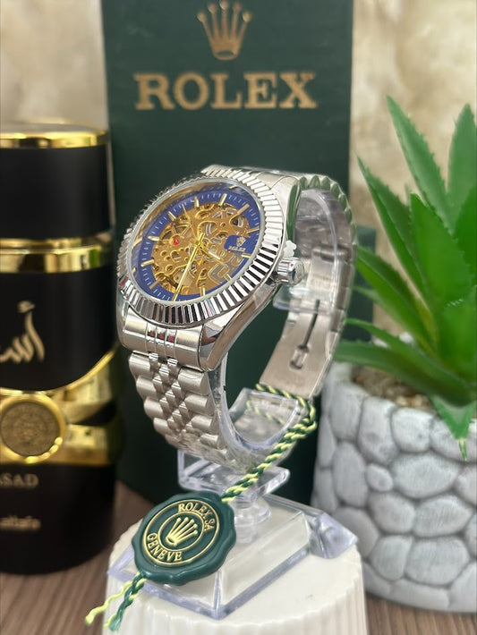 ROLEX PLATEADO ESFERA AZUL A CORAZON ABIERTO